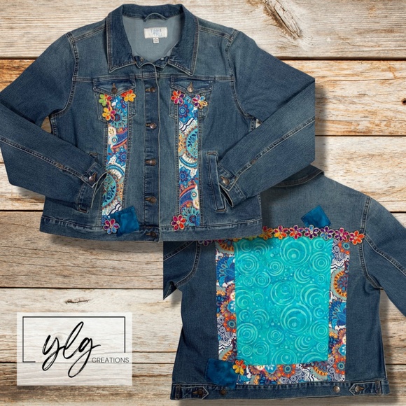 Denim Jacket Boho Refashioned Teal Multicolor Flowers Trucker Womens XL Time Tru - Picture 1 of 16